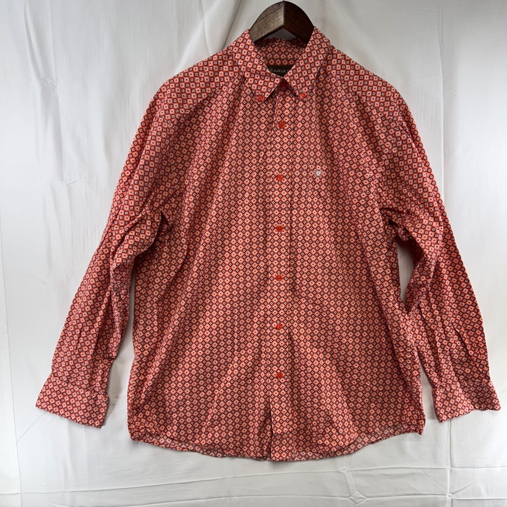 Ariat Button Down Mens L Orange Geometric Diamond Print Long Sleeve Stretch
